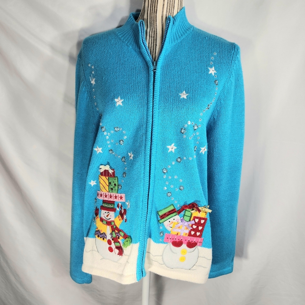 Tiara International Blue Fill Zip Snowman Applique High Neck Sweater Size Medium